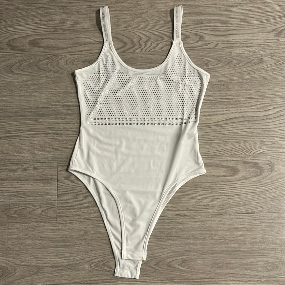 White Bodysuit with Rhinestone Detailing